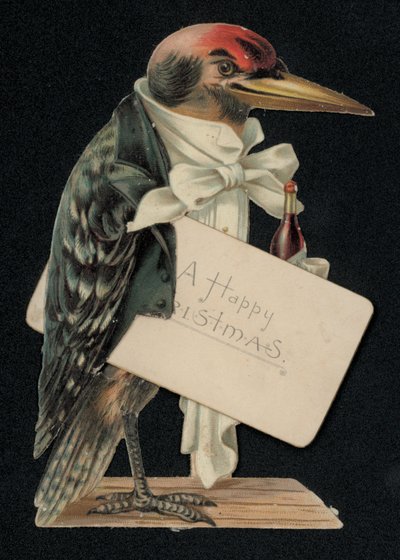 Woodpecker dressed as a waiter or butler, Christmas greetings card by English School