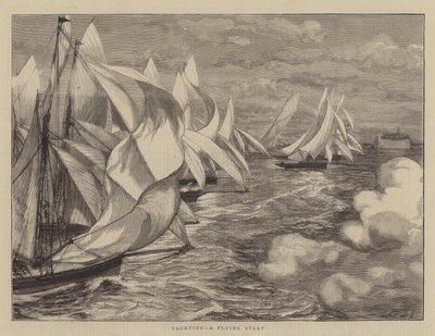 Yachting, a Flying Start (engraving) by English School