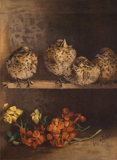 Young Chicks and Flowers by English School