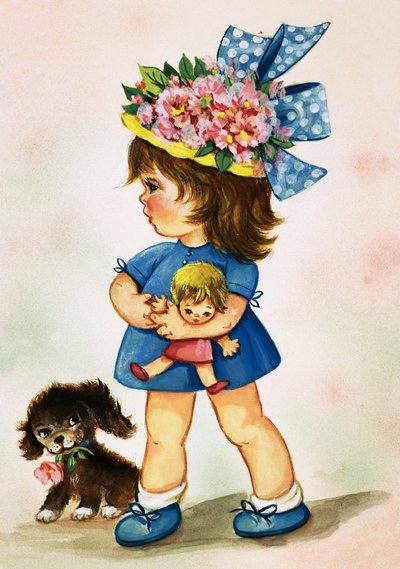 Young Girl in Flowery Hat with Doll and Puppy by English School
