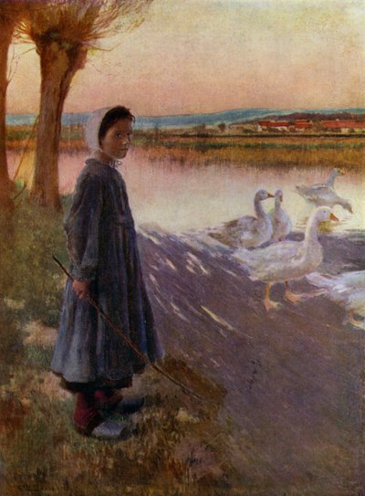 Young Girl Tending a Flock of Geese by English School