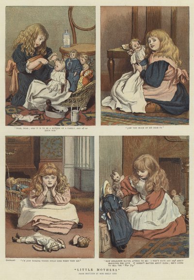 Young girls playing with toy dolls by English School
