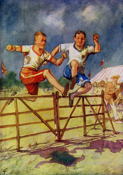 Young men competing in a steeplechase by English School