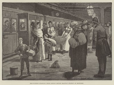 Hop-Pickers Starting from London Bridge Railway Station at Midnight by Enoch Ward