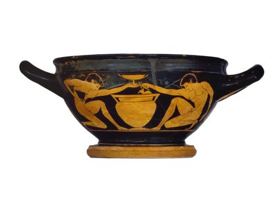 Attic red-figure cup-skyphos, decorated with two naked youths kneeling by a column-crater, c.520-500 BC by Epiktetos