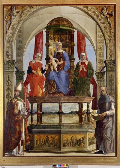 Virgin Enthroned with Child, Saints Anne, Elizabeth, Augustine and Blessed Pietro degli Onesti by Ercole de Roberti