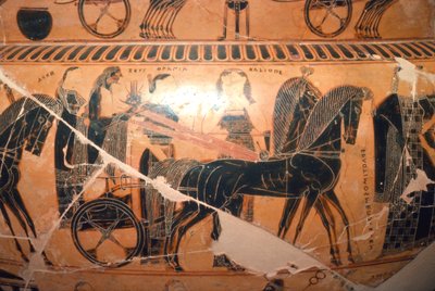 Zeus and Hera in a Chariot with Kaliope (detail) by Ergotimos