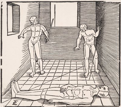 Three Male Figures in a Room from: Unnderweissung der Proportzion by Erhard Schon