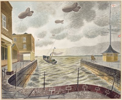 Barrage Balloons Outside a British Port by Eric Ravilious