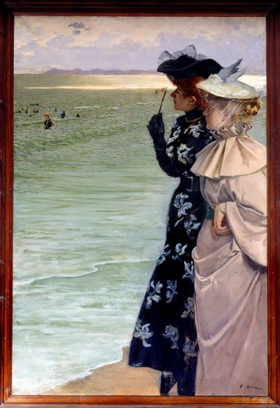 Belle Epoque: Bath time by the sea. Two women on the shore examining the bathers with binoculars by Ernest Ange Duez
