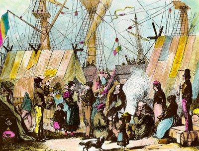 Families of emigrants camped at the port of Le Havre. Engraving by Ernest Charton (1813-1905) by Ernest Charton