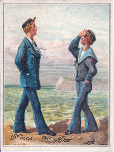 A Victorian Christmas Card of Two Sailors Walking by the Ocean by Ernest Henry Griset