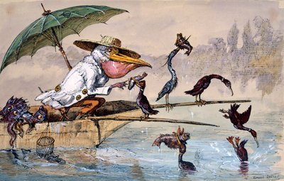Cormorants presenting fish to a pelican in a punt under an umbrella by Ernest Henry Griset
