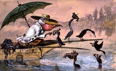 Cormorants presenting fish to a pelican in a punt under an umbrella from 