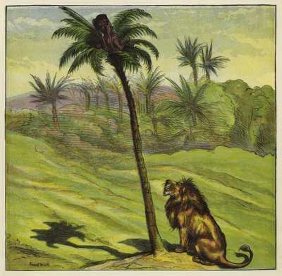 Man escaping from a lion by climbing a tree by Ernest Henry Griset