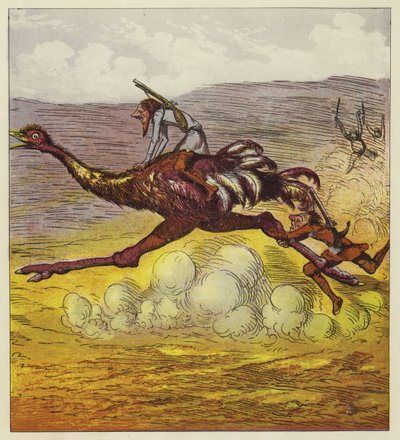 The Brothers Bold escape the gorillas by riding an ostrich by Ernest Henry Griset