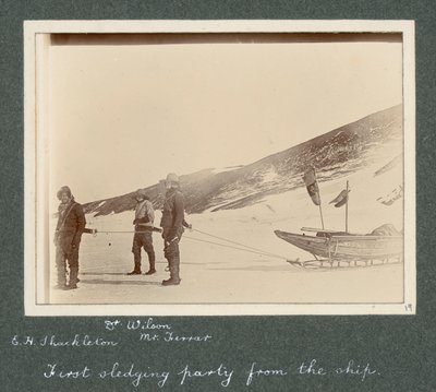 E H Shackleton, Dr Edward Wilson and Mr Hartley Ferrar in harness to the sledge. From album by Sir Ernest Henry Shackleton entitled National Antarctic Expedition (1901-1903) by Ernest Henry Shackleton