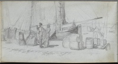Sketchbook, page 50: Boats, Figures, Cargo on a Beach by Ernest Meissonier