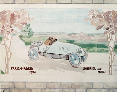 Gabriel driving a Mors car in the Paris to Madrid race of 1903, known as The Race of Death: ceramic tiles manufactured by Gilardoni Fils et Cie of Paris, after a drawing by Ernest Montaut (1878-1909) by Ernest Montaut