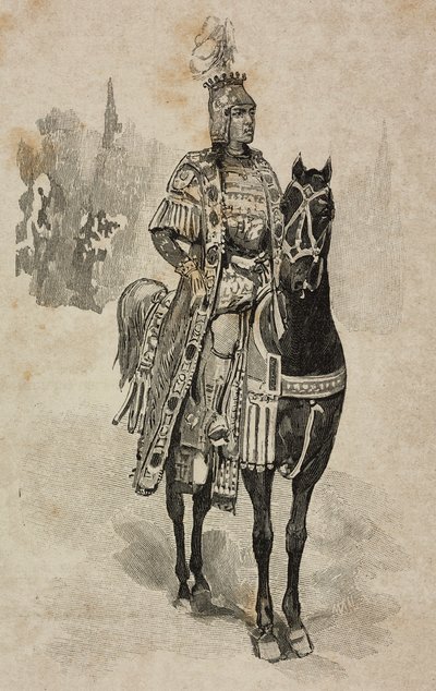 Duke of Aosta Emanuele Filiberto of Savoy in costume of Umberto Biancamano at Villa Borghese tournament for silver wedding of Umberto I and Margherita of Savoy, Rome, Italy by Ernesto Mancastroppa