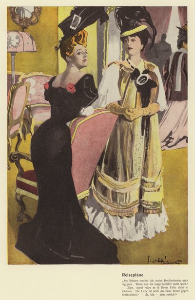 Two women discussing holiday travel plans by Ernst (after) Heilemann