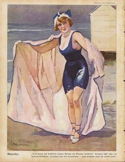 Woman on the Beach at Biarritz by Ernst (after) Heilemann