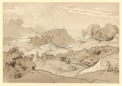 Italian Landscape with Rocky Hills and Trees, a Hut and Figures by the Path by Ernst Fries