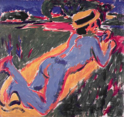 Blue Reclining Nude with a Straw Hat by Ernst Ludwig Kirchner