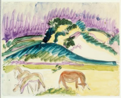 Three Grazing Deer and a Cow in Fehmarn by Ernst Ludwig Kirchner