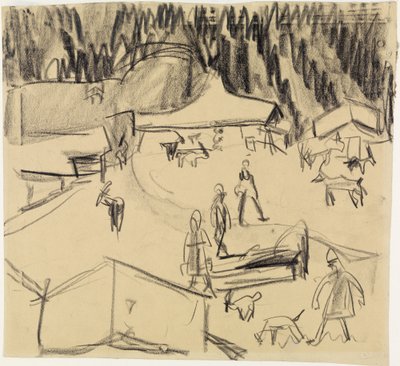 Mountain Village (Staffelalp) with Shepherds and Goats by Ernst Ludwig Kirchner