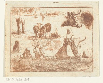 Study Sheet with a Seascape, Two Cow Heads, Sheep, a Dog, and Two Paws by Ernst Willem Jan Bagelaar