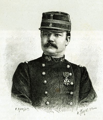 Portrait of Captain Vallière, of the naval infantry, during the expedition to Africa under the command of Gallieni. Engraving by E. Ronjat, after a photograph, to illustrate the story 