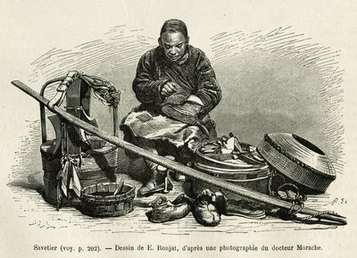 The traveling saver repairs the boots but also the harnesses of the cars of the senior officials of the palace, at the foot of the Oriental Flower Gate of the Imperial Palace in Pekin. Engraving after the drawing of E.Ronjat, to illustrate the journey to P by Etienne Antoine Eugene Ronjat
