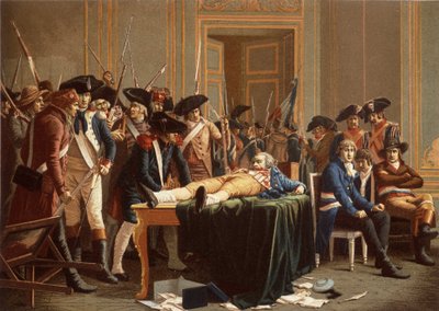 The morning of the 10th Thermidor Year II; Maximilien de Robespierre, with a fractured jaw, spread on a table by Etienne Lucien (after) Melingue