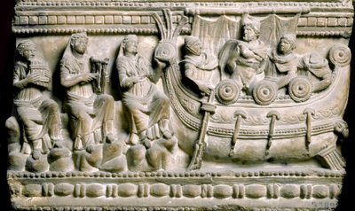 Ulysses, attached to the mast of his ship, resists the singing of the sirens. Low relief of a sarcophagus of Volterra. 4th-3rd century BC. Florence, Archeological Museum by Etruscan