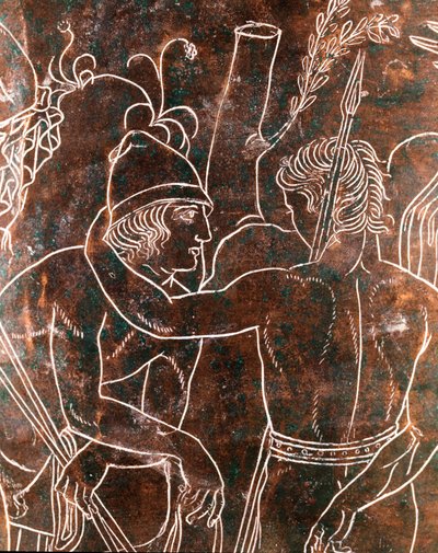 Etruscan art: (detail) of the bronze Ficoroni Cistus representing the legend of the Argonauts. From Preneste (Palestrina). 340 BC. Museo Nazionale di Villa Giulia, Rome by Etruscan