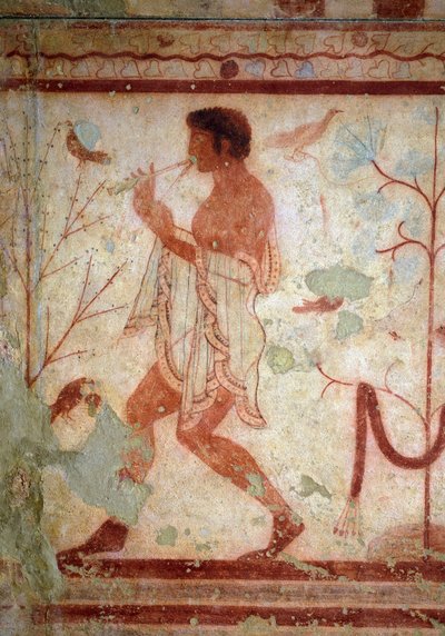 Etruscan art: frescoes representing banquet scenes, (detail) representing a flute player. Tomb of the Triclinium. 5th century BC. National Archaeological Museum of Tarquinia Italy by Etruscan