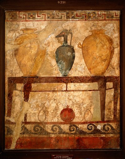 Etruscan art: table with vases with offerings. Fresco from the cemetery of Paestum. 4th century BC. Museo Archeologico Nazionale, Naples, Italy by Etruscan