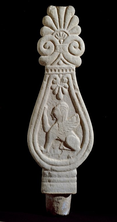 Etruscan Civilization: Stele of Sepulchre in Gres Decorated with the Silhouette of a Winged Lion from Londa, Italy. 550-500 BC. Florence, Museo Archeologico by Etruscan