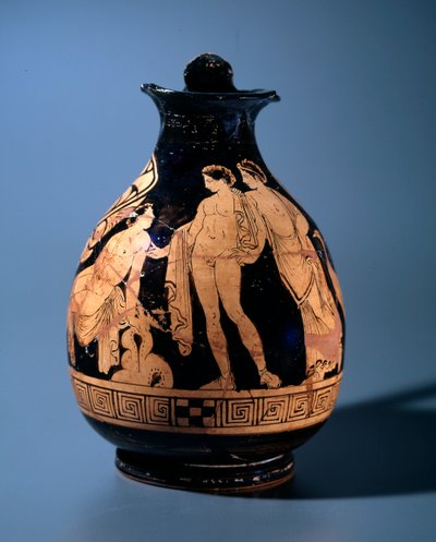 Etruscan Civilization: Terracotta Oenochoe Decorated by the Workshop of the Painter of Alcesti Representing a Young Man Sitting Talking with Two Other People Standing, 360-340 BC from Tarquinia, Italy by Etruscan