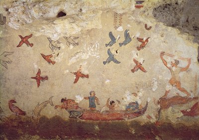 Fishermen in a boat and birds flying, from the Tomb of Fishing and Hunting, c.520-510 BC by Etruscan
