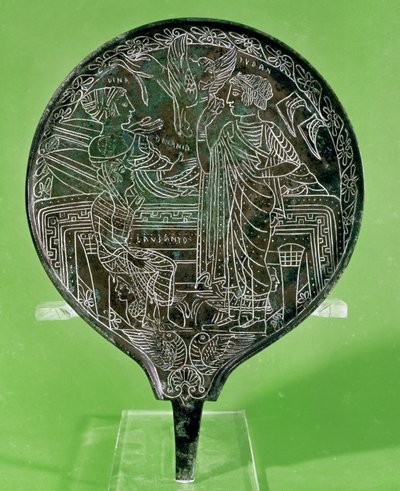Mirror depicting Aphrodite persuading Helen to follow Paris to Troy, from Palestrina by Etruscan