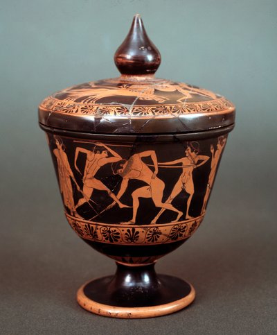 Pyxis with representation of scene of palaestra, terracotta, 520-500 BC by Etruscan