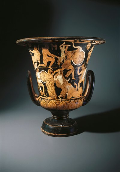 Red-figure pottery, calyx krater depicting Neoptolemus, Astyanax, Helen of Troy and Priamo on ground by Etruscan