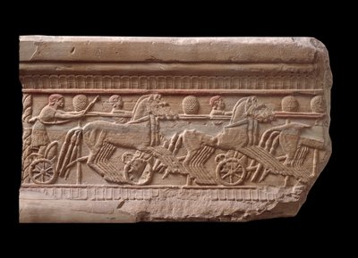 Relief with a chariot race from a marble milestone of Chiusi, Italy, 6th Century BC by Etruscan