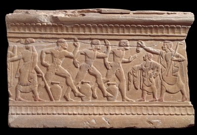 Relief with a race of athletes from a marble milestone of Chiusi, Italy, 6th Century BC by Etruscan