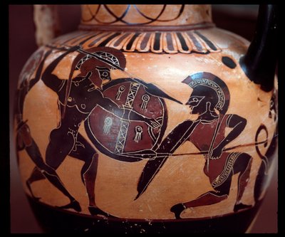 Terracotta amphora with representation of a duel between two soldiers, 520-500 BC by Etruscan