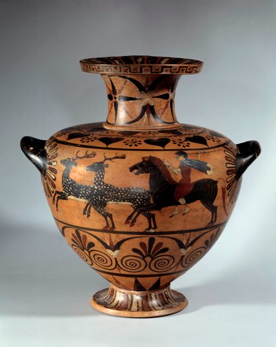 Ceramic hydroe with black figures, called Caere. Face: deer hunting Reverse: two bulls wings galloping in opposite direction. About 540-530 BC. Paris, Musee du Louvre by Etruscan Etruscan