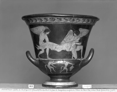Attic red-figure calyx krater depicting Hypnos and Thanatos carrying the body of Sarpedon by Eucharides Painter
