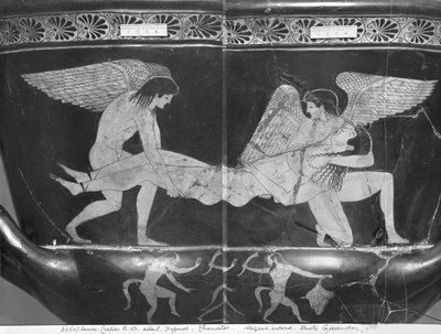 Attic red-figure calyx krater depicting Hypnos and Thanatos carrying the body of Sarpedon by Eucharides Painter